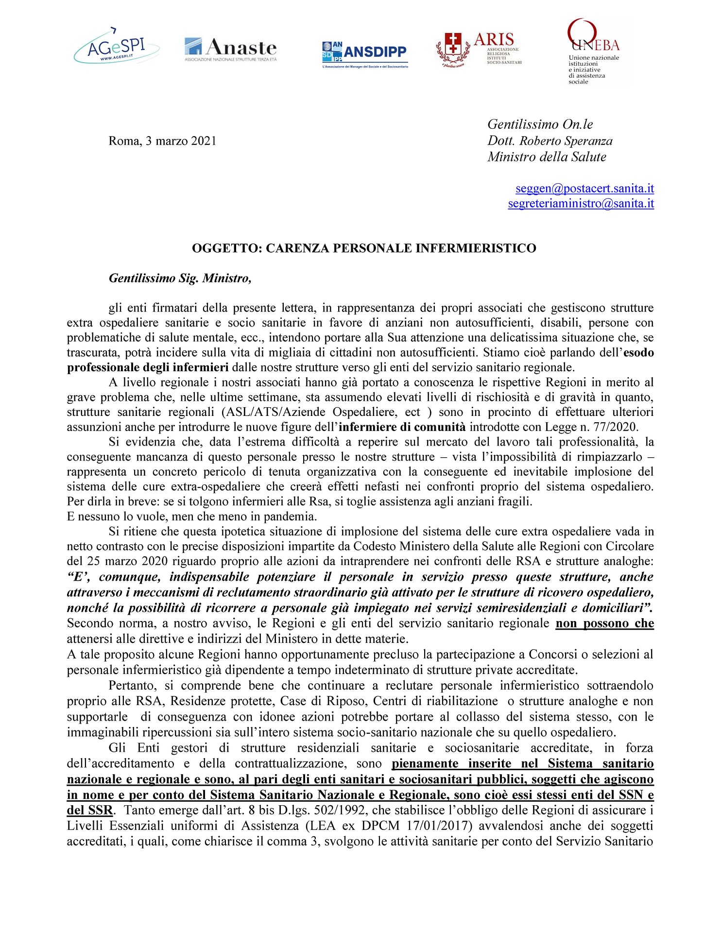 Lettera per carenza personale infermieristico